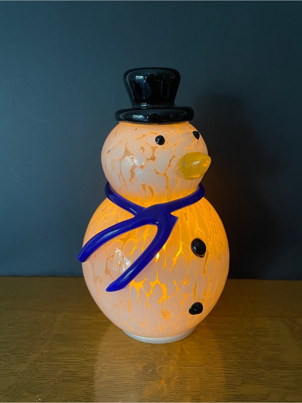 Handblown Glass Snowman in white with Blue Scarf